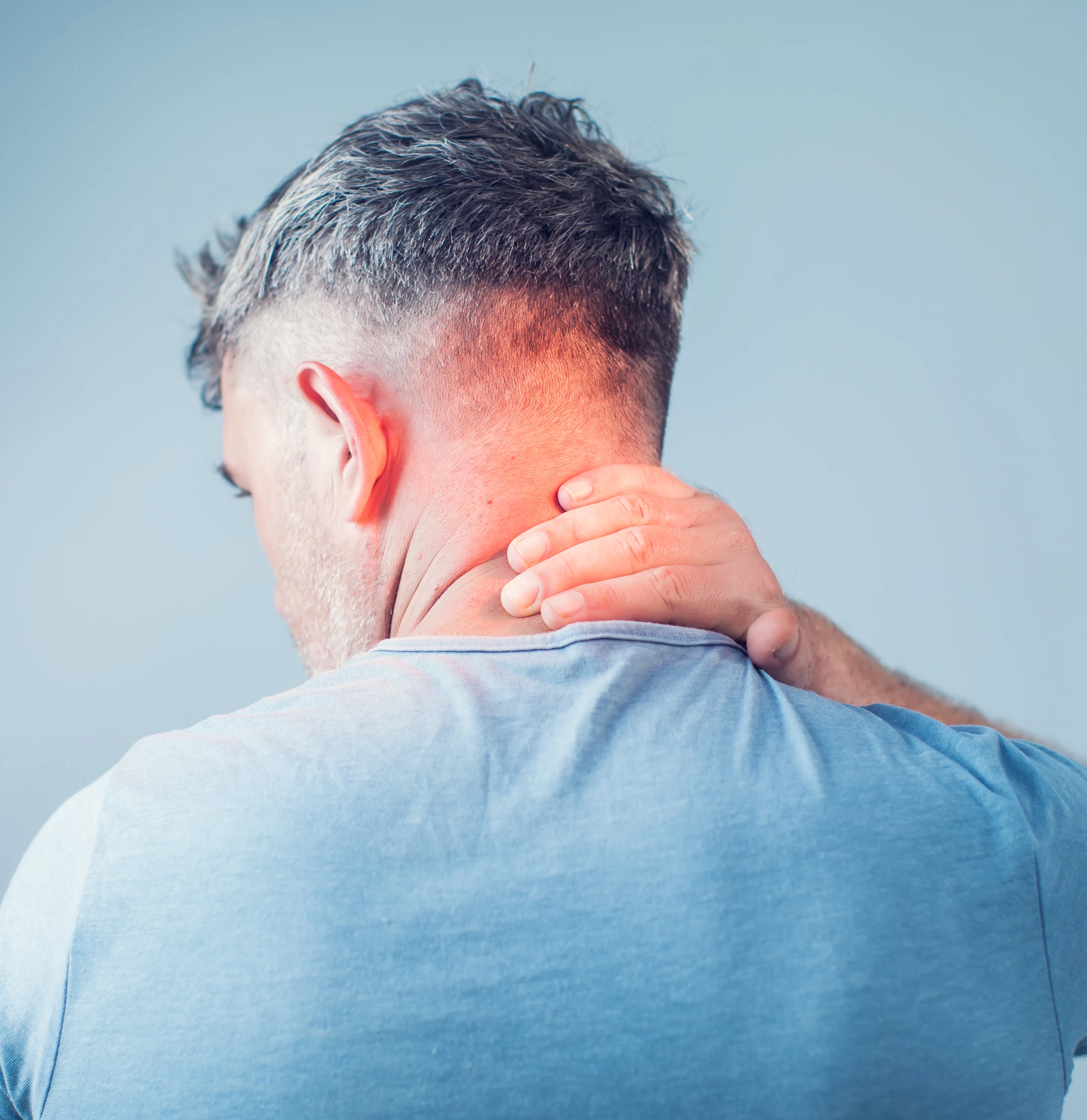 Back view of neck showing whiplash pain highlighted