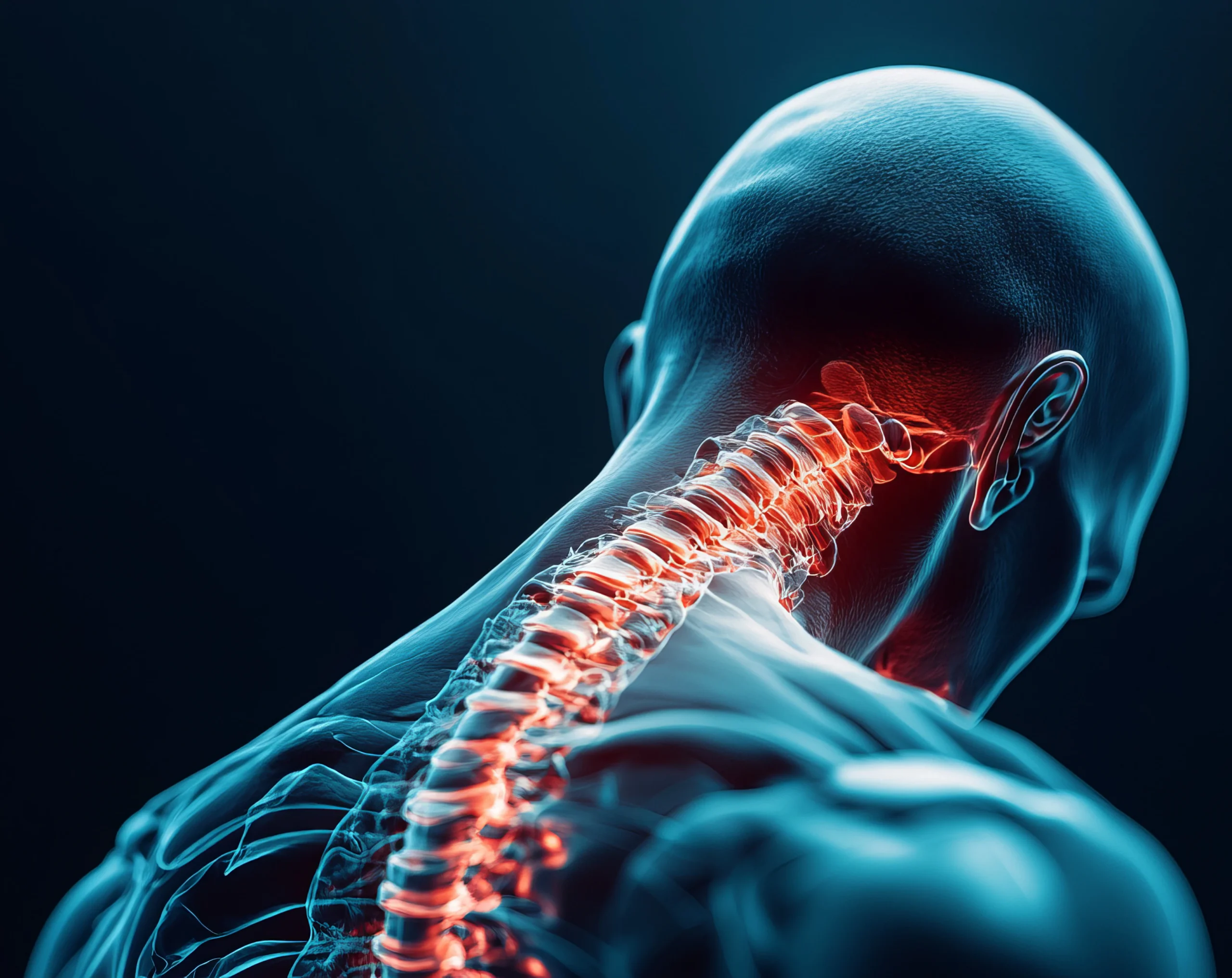 Illustration of cervical spine highlighting nerve pathway related to dizziness and vertigo