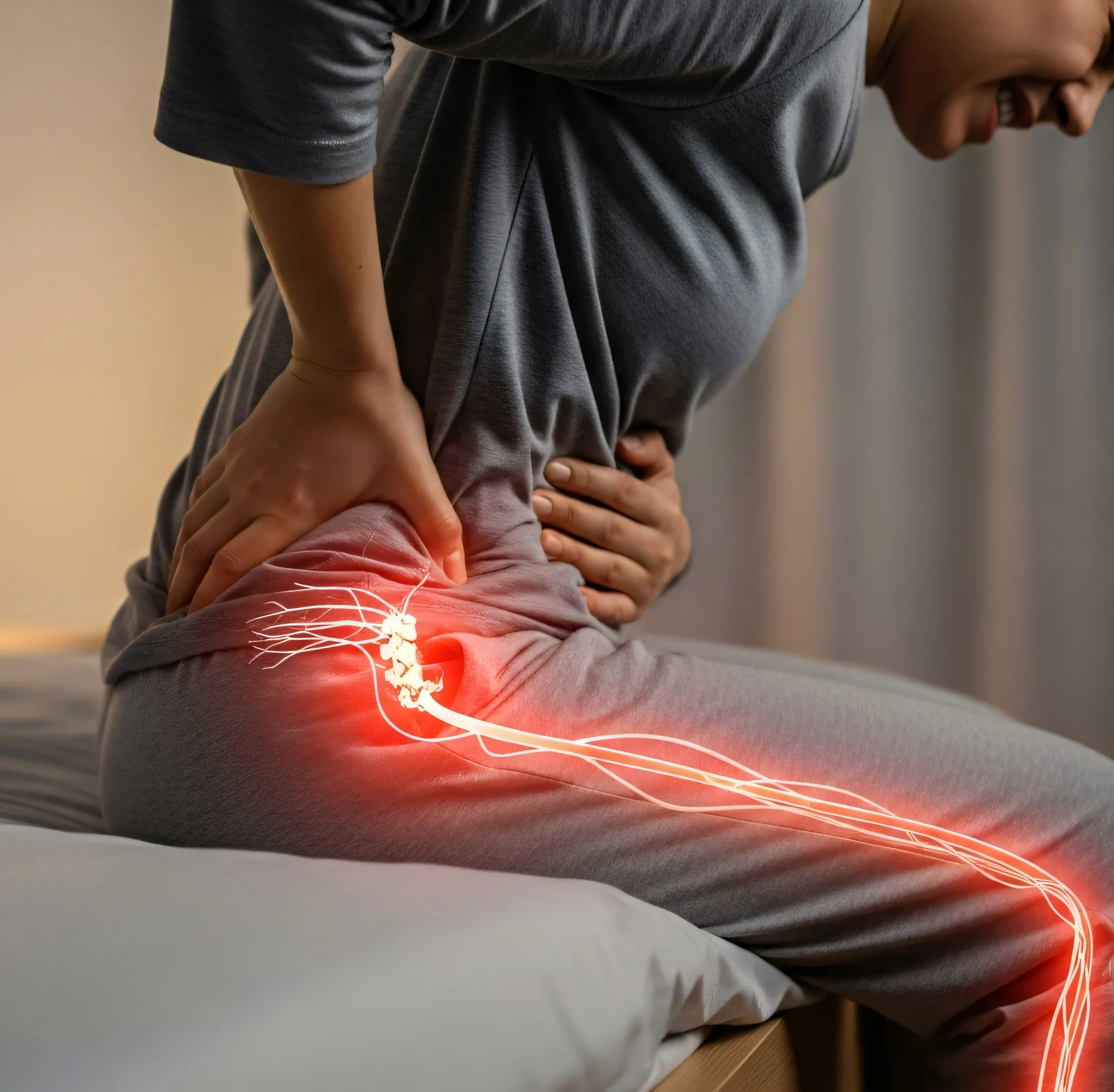 Patient clutching lower back with radiating sciatic nerve pain highlighted