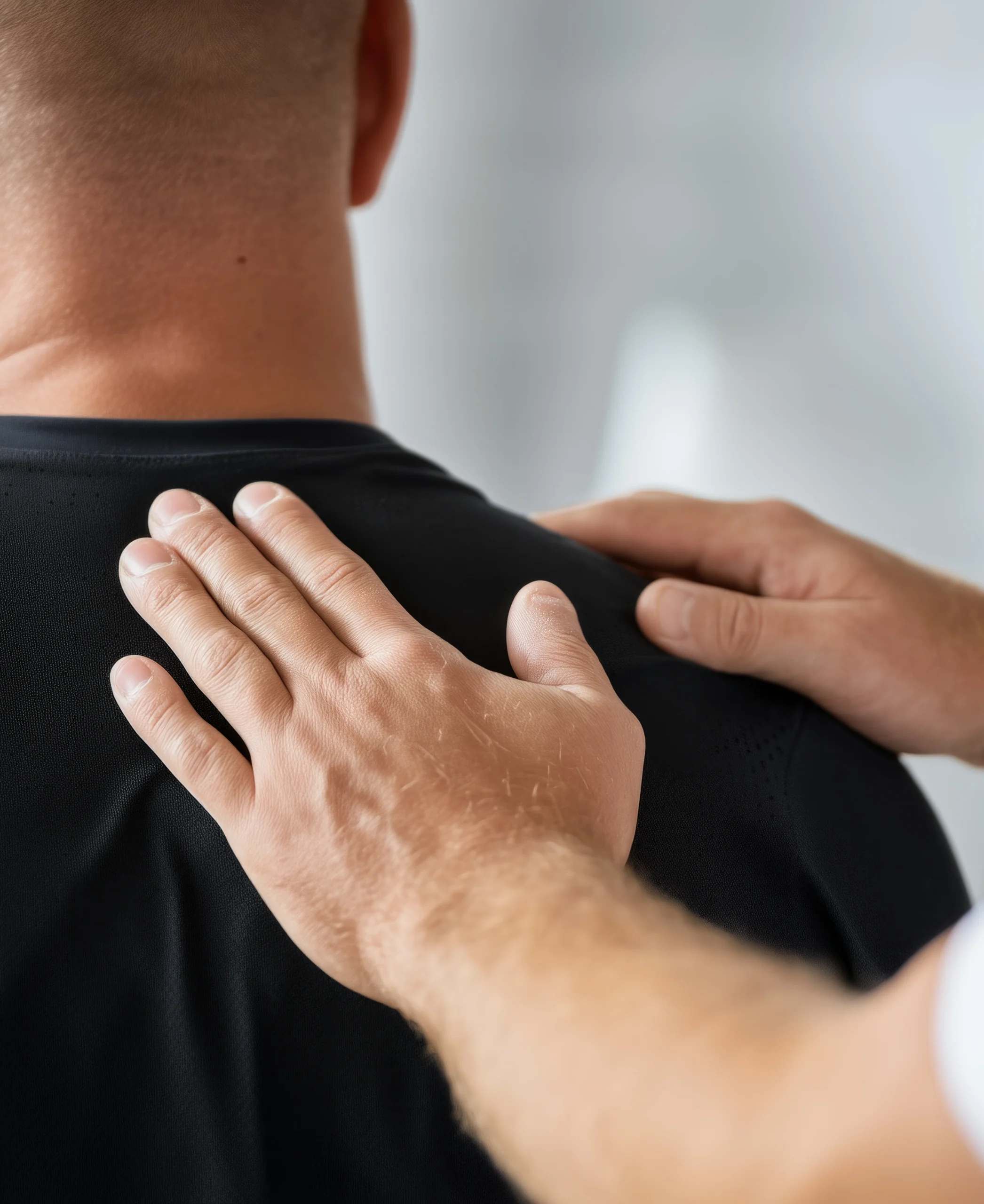 Chiropractor assessing patient's shoulder and upper back