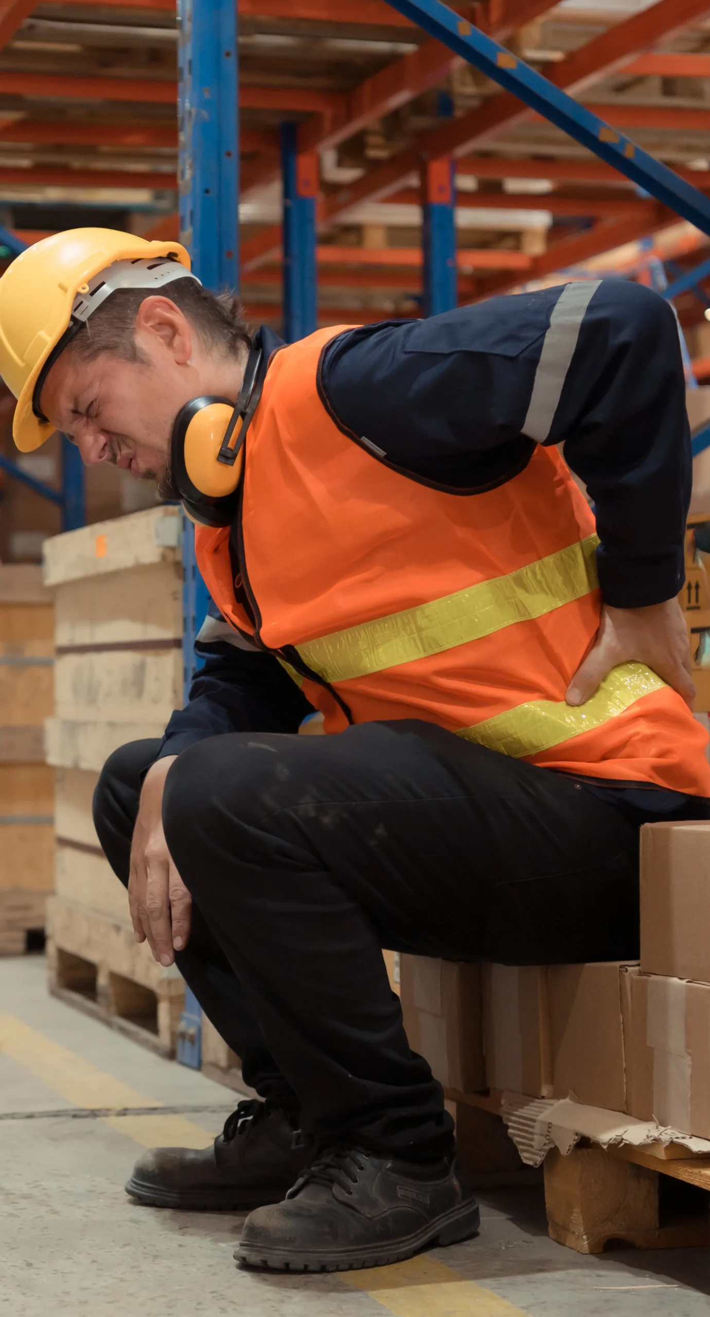 Warehouse worker holding lower back after workplace injury